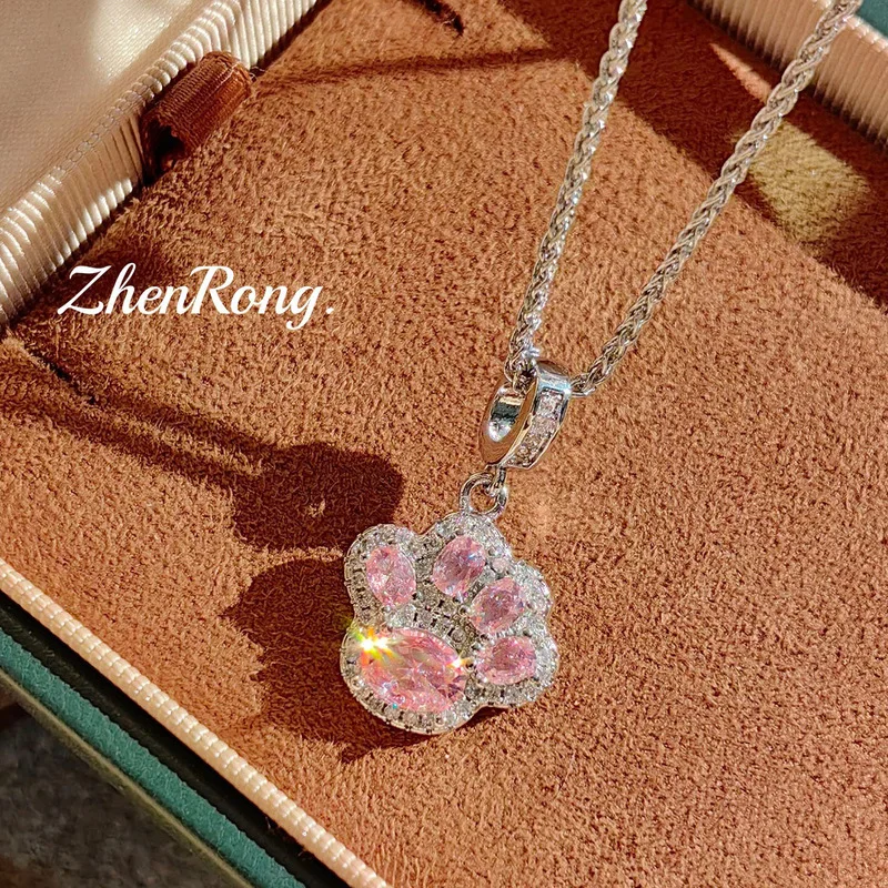 Exquisite Red Spinel Cat Claw Pendant Necklace - Back Cover Design with Set Diamonds, Cute and Sweet - Women's Jewelry