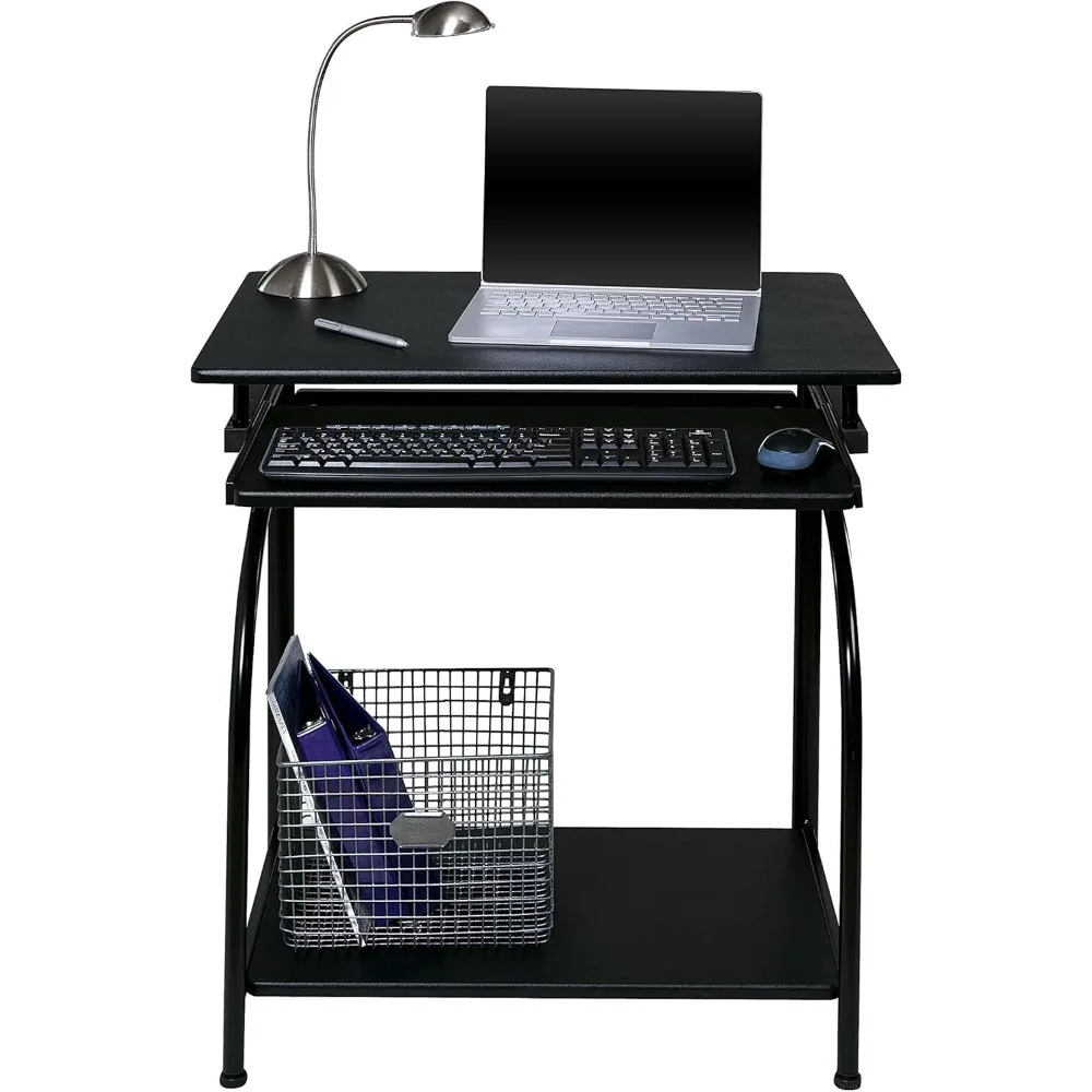 Modern Computer Desk with Keyboard Tray and Shelves, Black Office Desk for Home Workspace