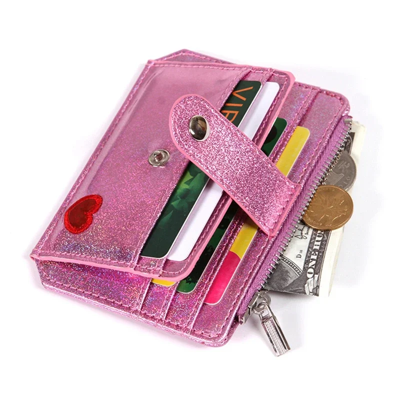 

Korean Laser PU Card Holder Heart Embroidery Women's Zipper Buckle Coin Purse Mini Wallet Cute Card Holder Wallet Women