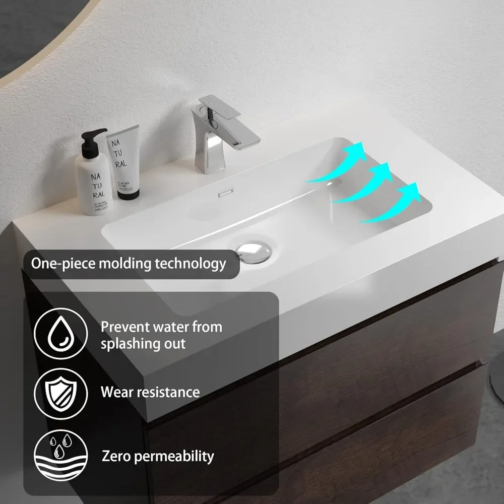 Vanity da bagno da 30 pollici con lavabo con troppopieno, ampio contenitore sospeso a parete, mobiletto per lavabo da bagno minimalista