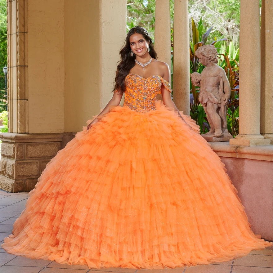 Vestido para quinceañeras naranja personalizado, 2024, cuentas, lentejuelas, volantes, dulce 15 16, hombros descubiertos, Vestidos De 15 Años YQD135