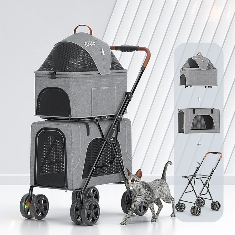 Kinderwagen voor 2 honden of katten Lichtgewicht opvouwbare dubbellaagse kinderwagen met afneembare drager