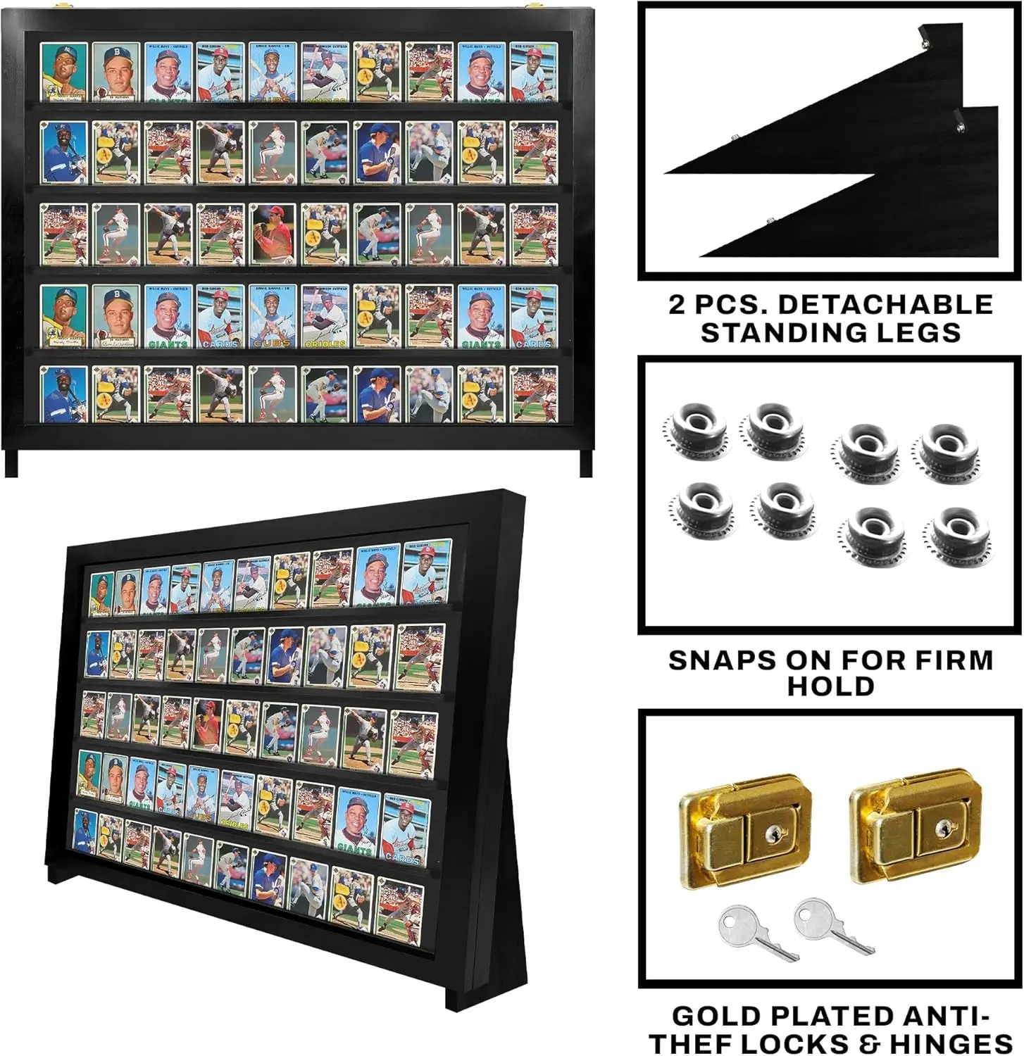 Table Top Display Case w/ 2 Stands, Acrylic Baseball Card Show Case, Card Stand for Sports Cards, Trading Card Display Case