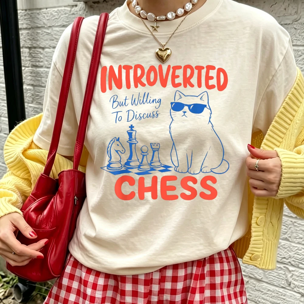 Introverted Chess Cool Cat Drawing Graphic T Shirt Unisex Pure Cotton Casual Introvert Chess Player Funny Streetwear Daily Tees