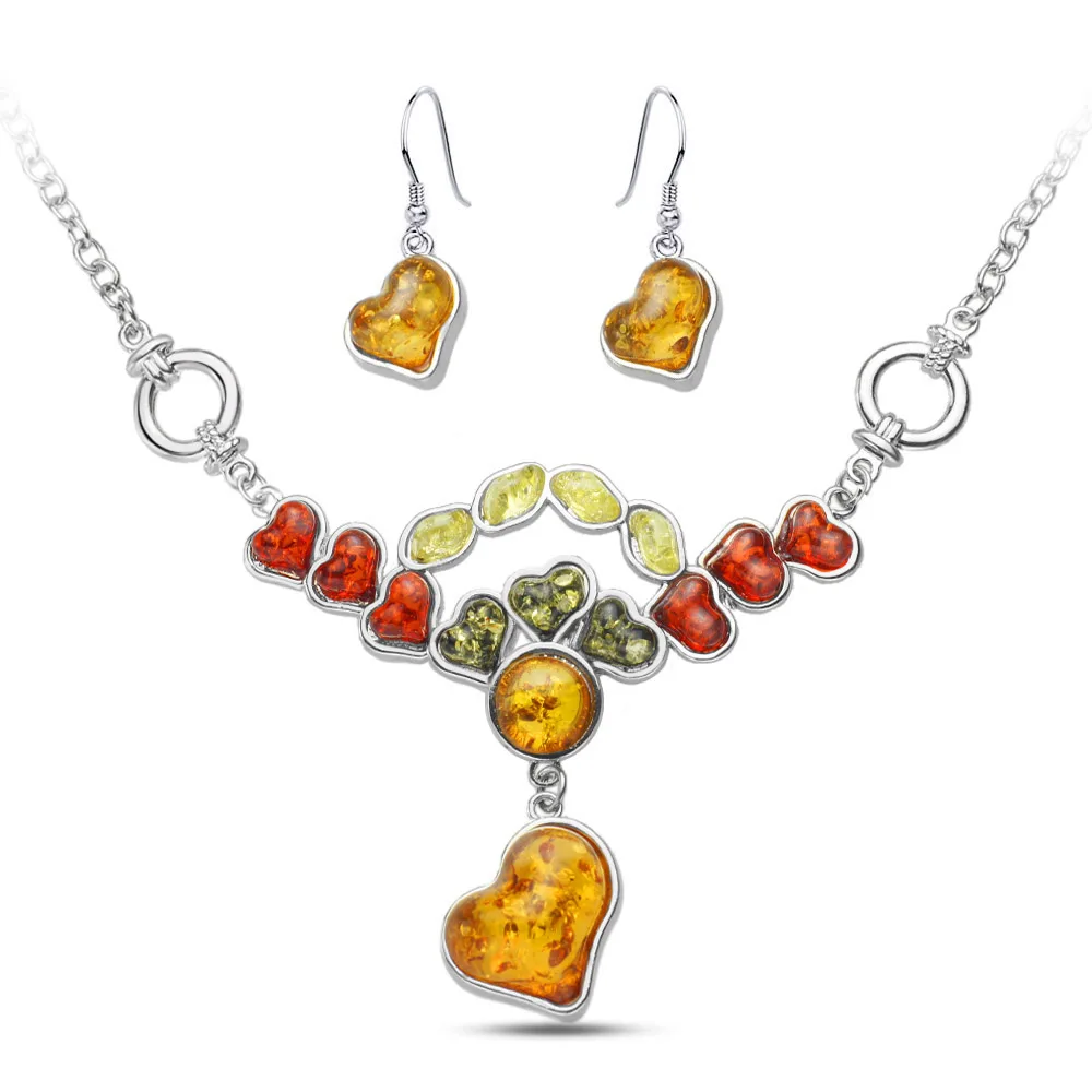 Elegant Multicolor Heart Baltic simulated Synthetic Honey Pendant Necklaces Dangle Earring Wedding Jewelry Sets L41301D