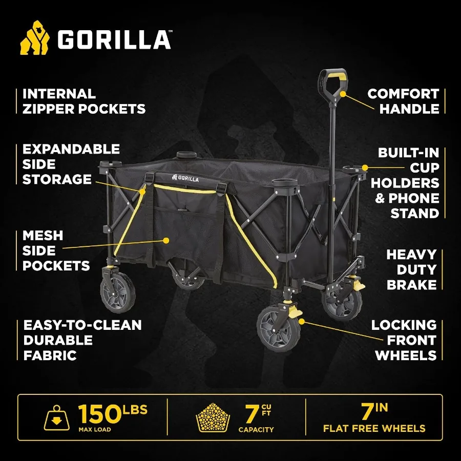 Collapsible Folding Outdoor Utility Wagon, 7 Cu Ft Heavy-Duty Steel Frame, Black Compact Storage All-Terrain Wheels