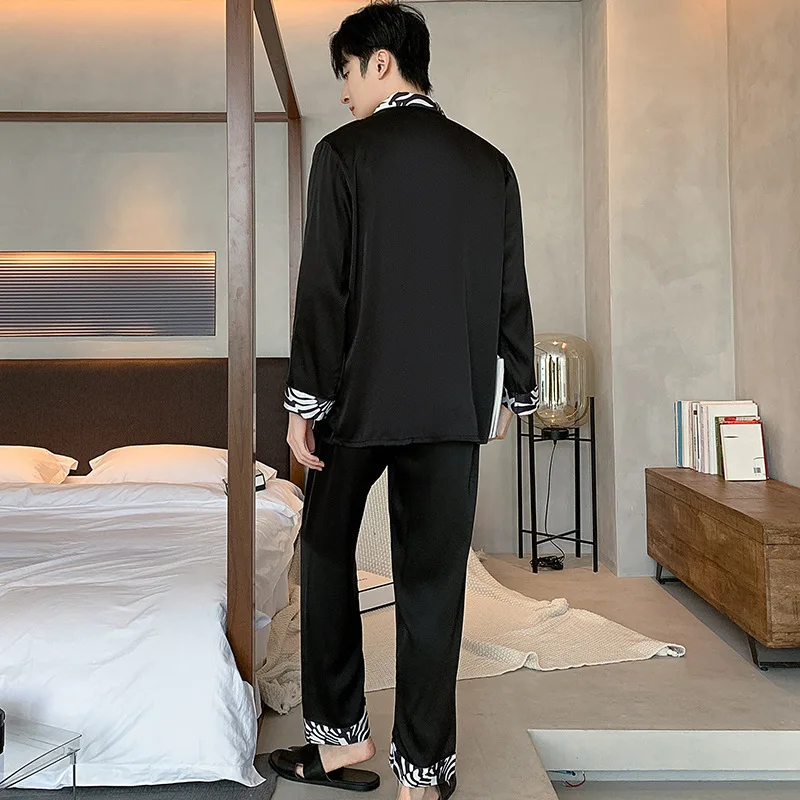 High Quality Men Pajamas Suit Spring Autumn Satin Chiffon Thin Sleepwear Long Sleev Casual Home Clothing Set Outdoor Summer Male