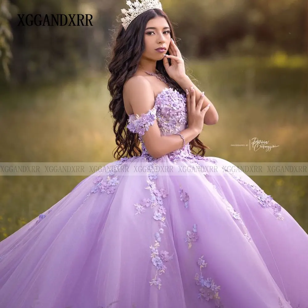 فساتين Quinceanera باللون الأرجواني الفاتح المخصصة 2024 أرجواني على شكل قلب مزين بالدانتيل على شكل كرة الأميرة الحلوة 16 فستان فيستدو دي 15 أنيوس