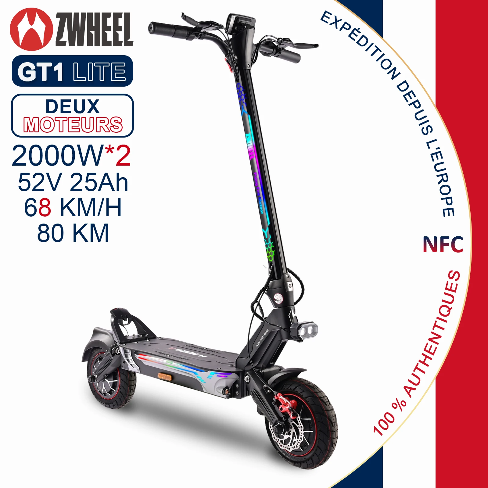 ZWHEEL GT1-Lite, trottinette électrique adulte pliable, 2 moteurs 4000W, batterie 52V25Ah, max 68 km/h, autonomie 80 km, NFC, suspension hydraulique double bras, suivi antivol, freins à disque, pneus route 11 pouces, régulateur, stock UE, sans TVA en plus