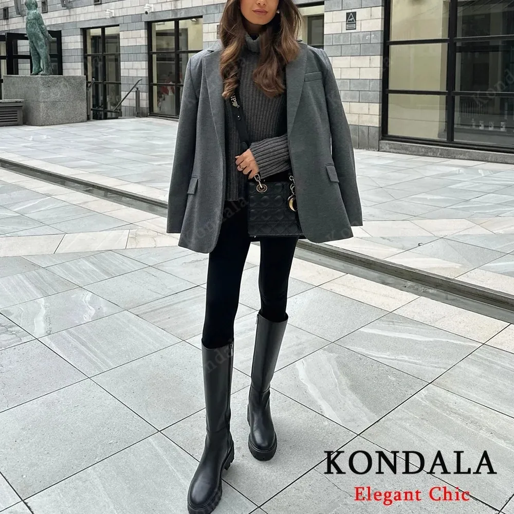 

KONDALA женский осенний элегантный пиджак с лацканами, однотонный серый деловой пиджак, осень-зима 2022, модный женский пиджак для поездок на работу с старыми деньгами