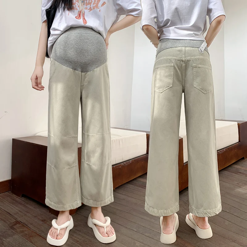 Pantalones de pierna ancha para mujeres embarazadas de color caqui claro para primavera y otoño, pantalones cortos de nuevo estilo, pantalones vaqueros de mezclilla de maternidad plisados sueltos