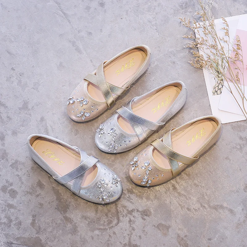 2024 Girls Princess Shoe Soft Sole Ballet Dance Shoes Water Diamond Small Leather Shoes Mary Jane Kid Flat Shoes