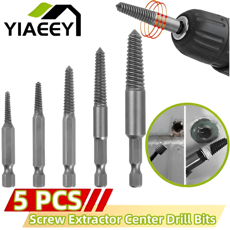 Extractor de tornillos de 5 piezas, juego de guías de brocas centrales, removedor de pernos dañados rotos, vástago hexagonal y llave inglesa para herramienta manual rota