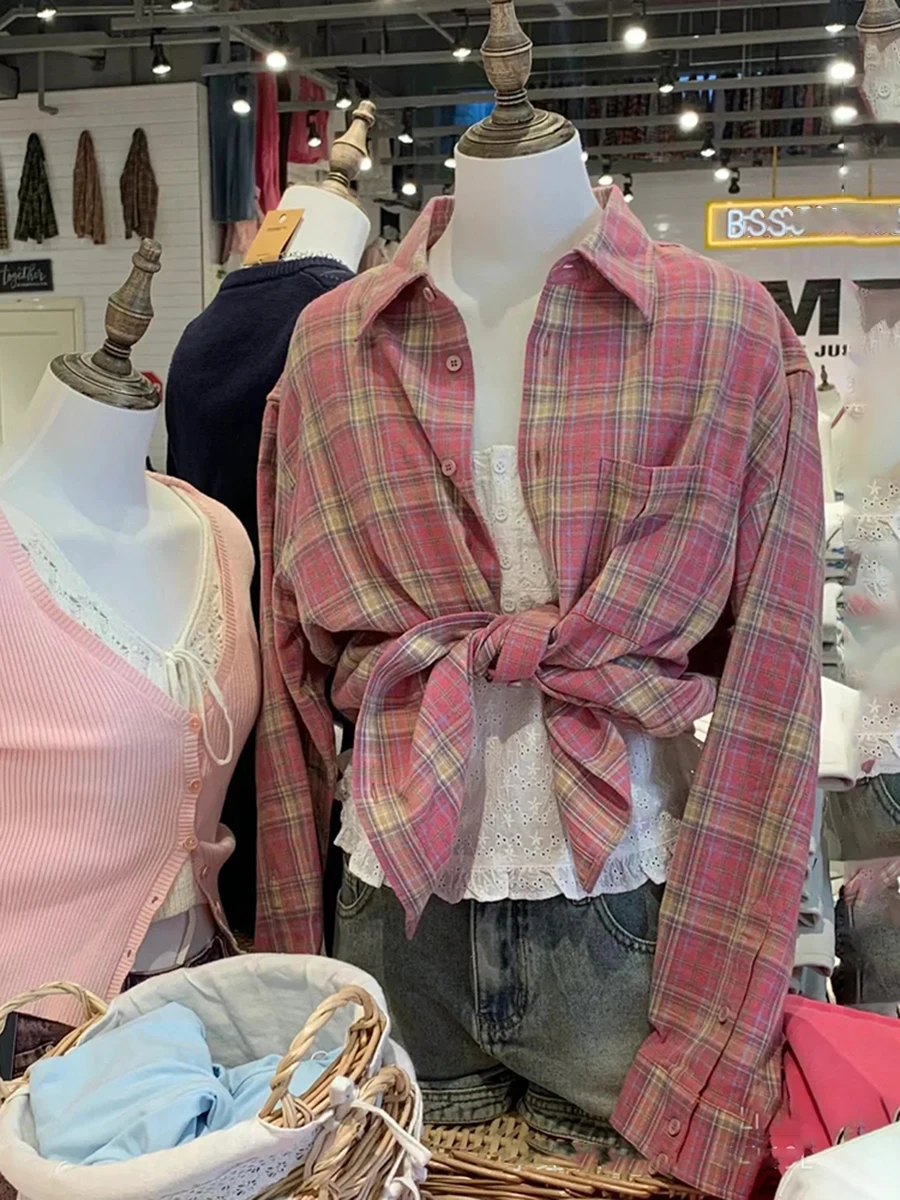 

Розовая клетчатая свободная футболка с длинным рукавом, блузка, женская весенняя однобортная хлопковая рубашка с лацканами и карманами, винтажные милые милые топы Y2k