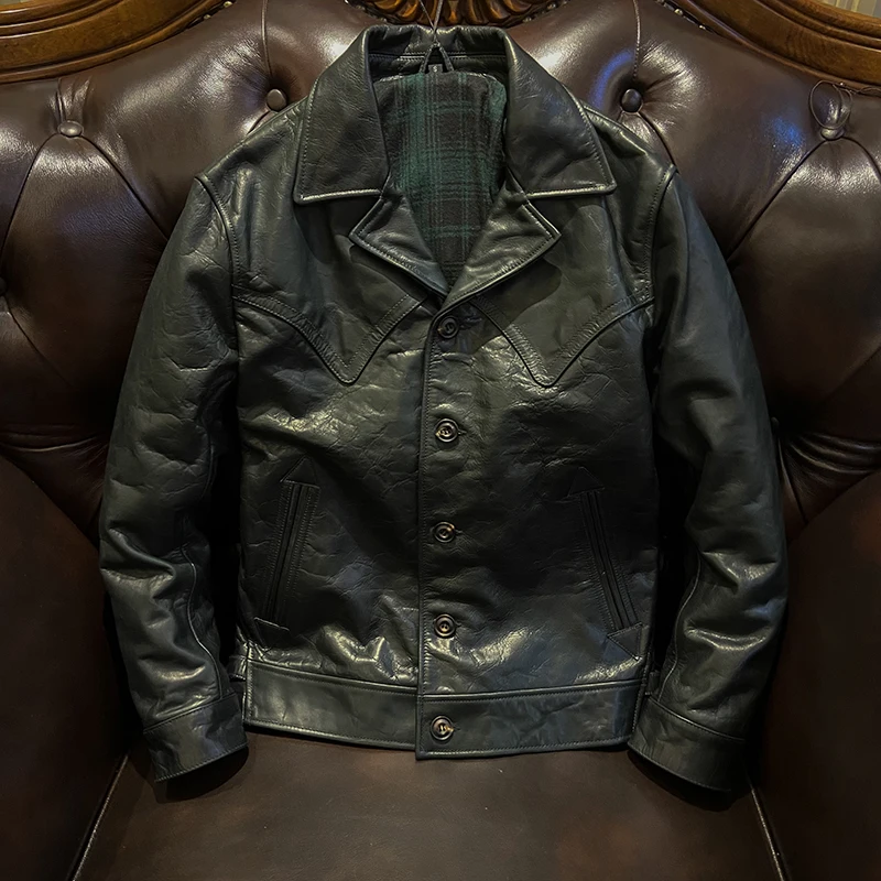 Men's Genuine Leather Jacket Slim Fitting Leather Jacket Trendy American Retro Washed And Worn-out Dark Green Oil Wax Cowhide