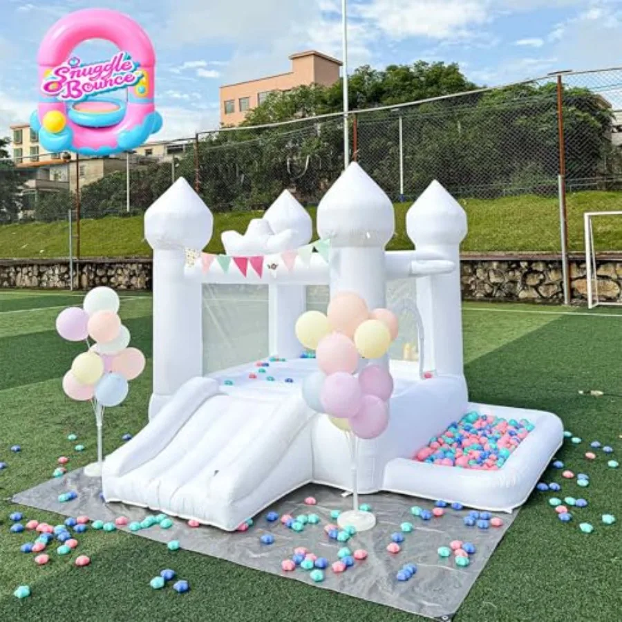 Maison gonflable blanche de 9 pieds, maison gonflable pour tout-petits de 3 à 6 ans, cadeau de fête avec souffleur, cavalier blanc, château gonflable, mariage