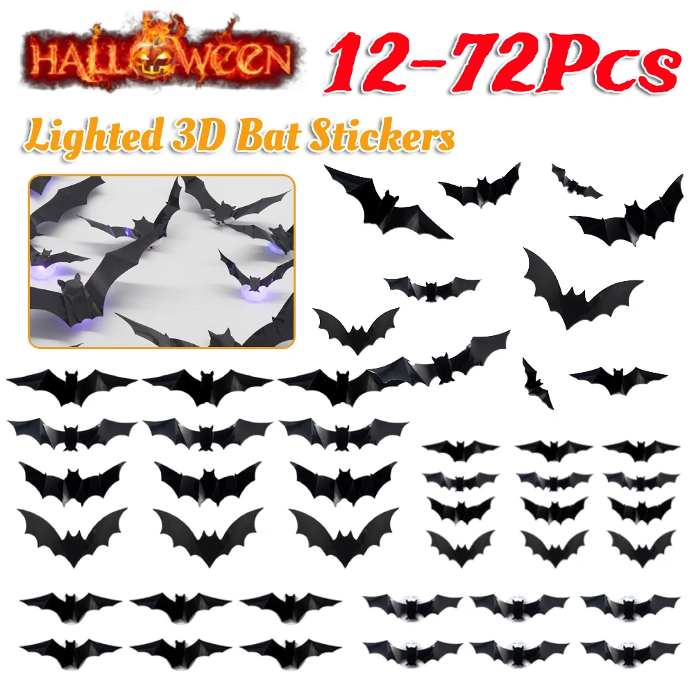 12-72 قطعة ثلاثية الأبعاد الأسود الخفافيش ملصقات جدار زينة الهالوين دعائم حفلات مخيفة DIY بها بنفسك شريط المنزل غرفة ديكور ليلة الهالوين مخيف