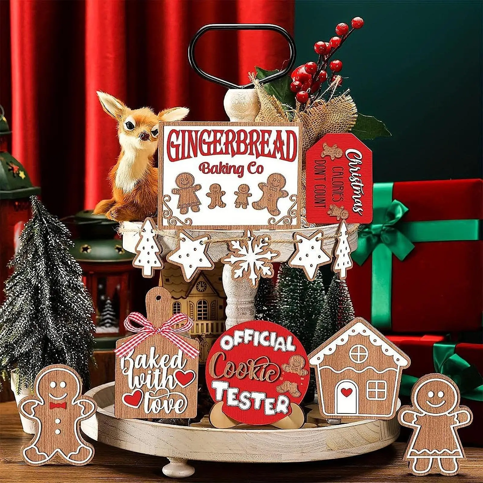 12 Pieces Christmas Tiered Tray Gingerman Sign Christmas Tiered Tray Decor Set for Shelf Mantle Winter Desktop Centerpiece