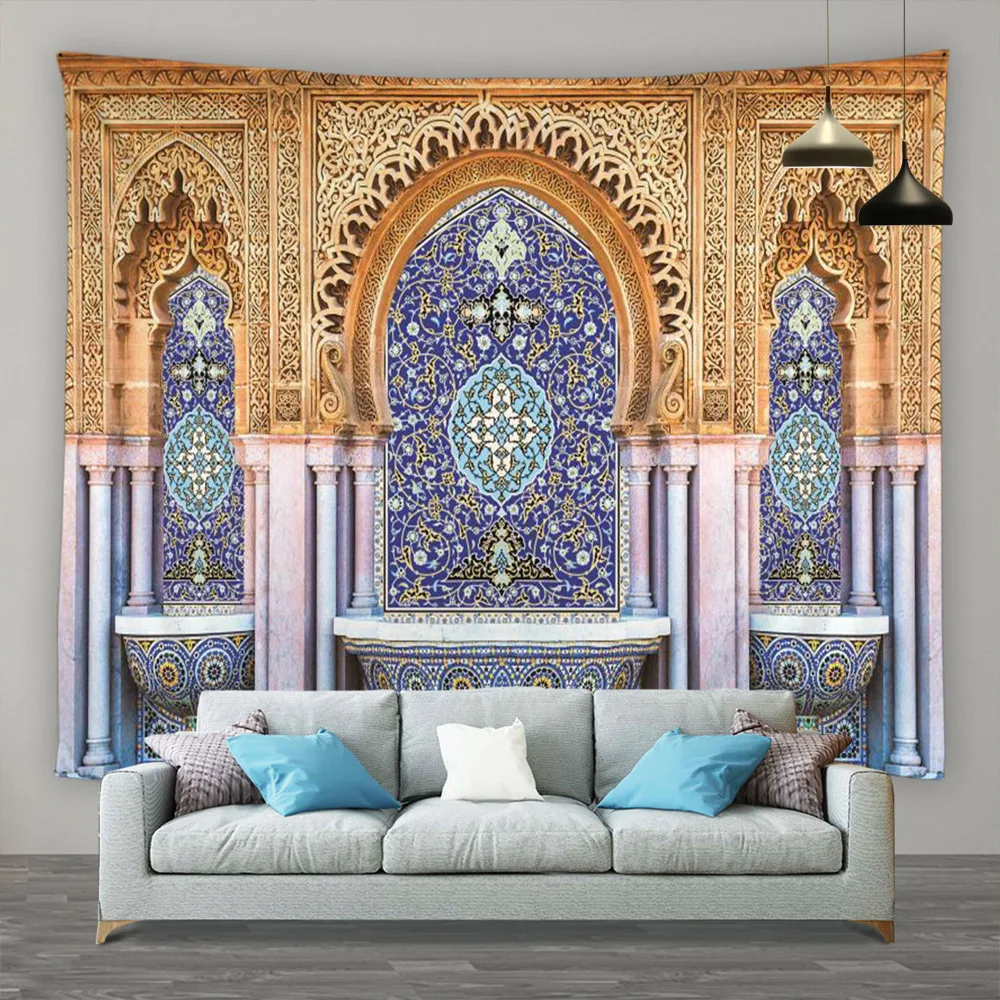 Islamic Retro Geometric Pattern Tapestry Moroccan Architectural Wall Hanging Living Room Bedroom Home Wall Decor Mural Screen