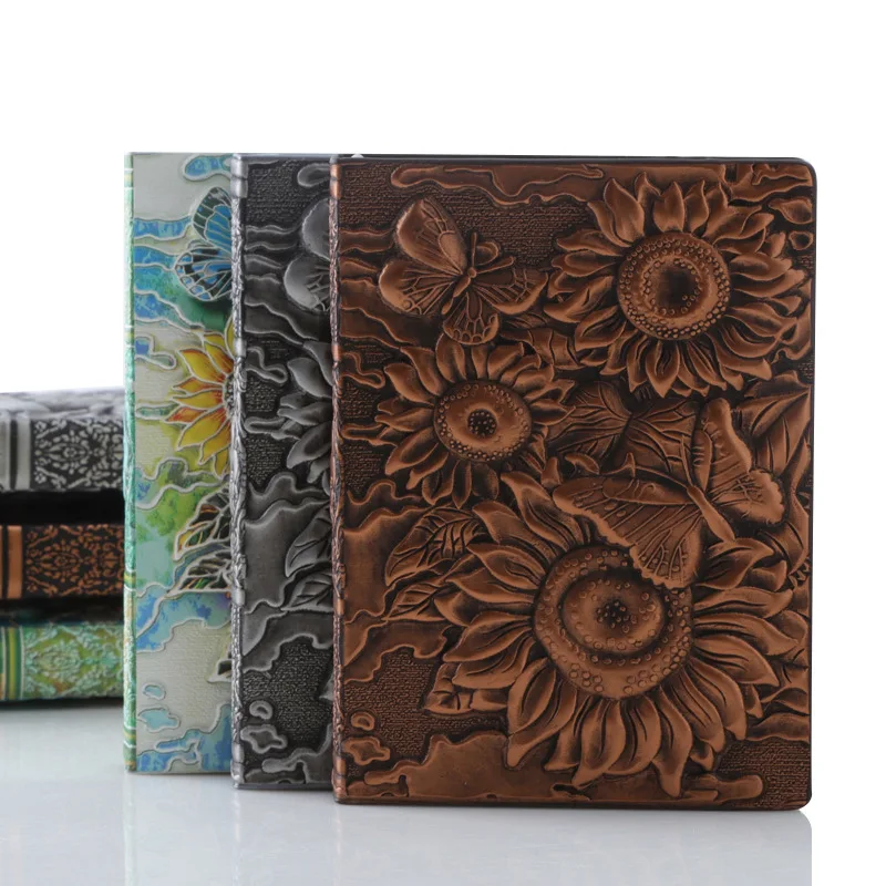 CHEN LIN Creative Retro 3D Sunflower Relief A6 Notebook Journal Embossed Writing Notebook Leather Cover Student Travel Diary