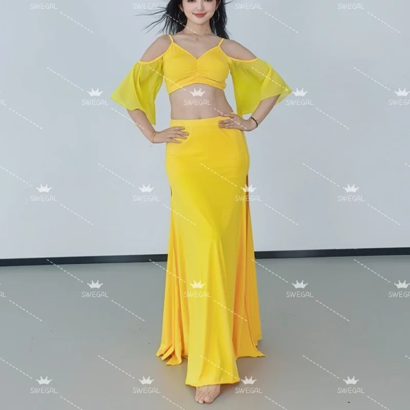 Trajes de dança do ventre sweg personalizados, roupa de prática, vestido de dança oriental, ombro de fora, manga de fada, divisão dupla, saia grande de balanço