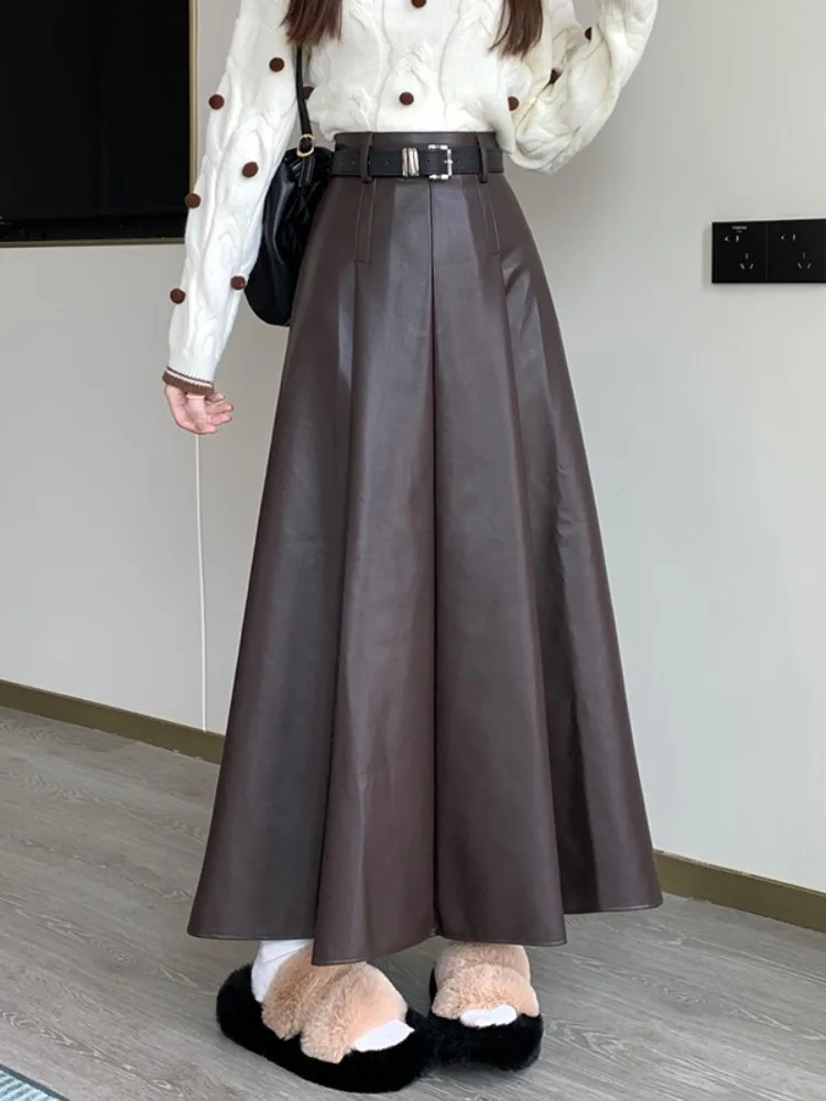 กระโปรงหนัง PU เอวสูงทรงเอ ยาวระดับกลาง สำหรับผู้หญิง สไตล์เกาหลี เหมาะสำหรับใส่ไปทำงาน ฤดูใบไม้ผลิ