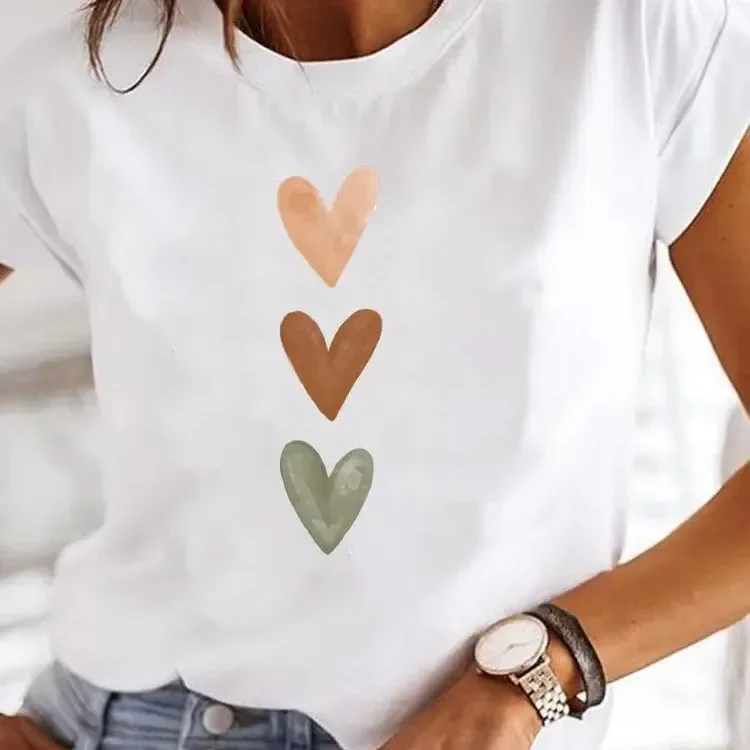 

Summer Love Heart Print Women T Shirt Girl O Neck Oversized Funny Y2K Tops Tee Female Harajuku 90s Casual Clothing