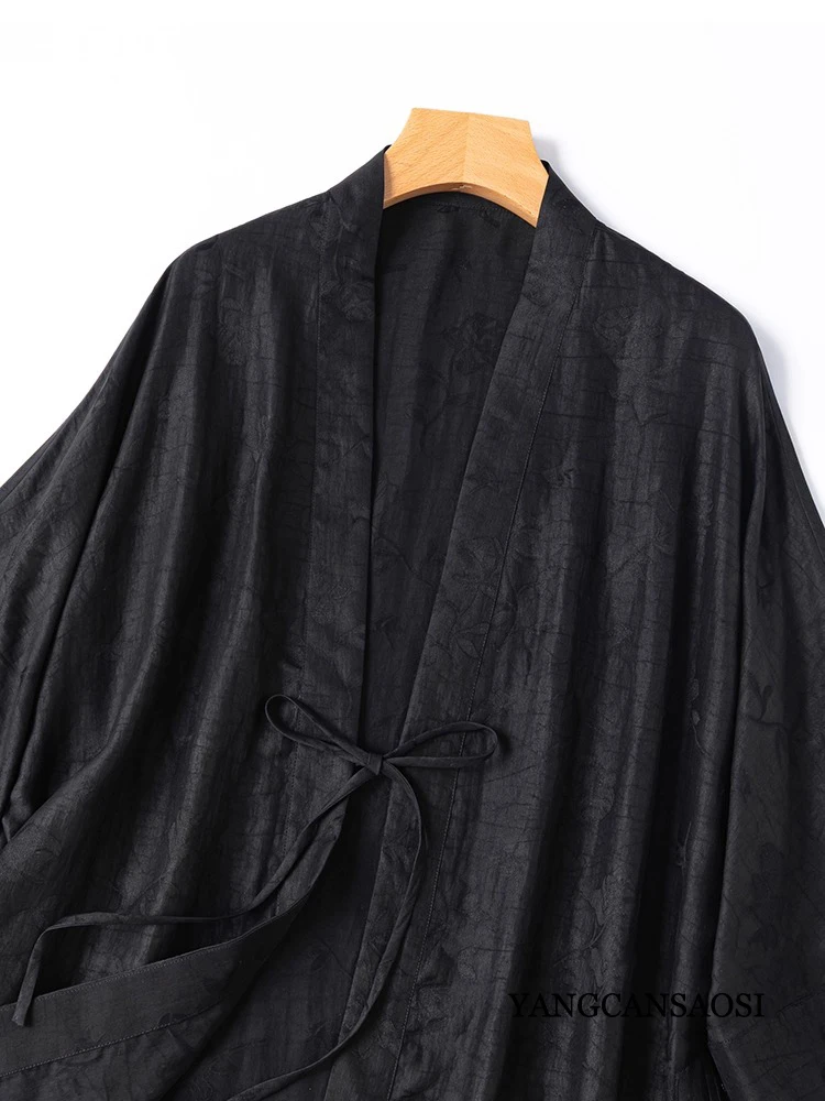 Women's Autumn New 100%Natural Mulberry Silk Jacquard Turtle Crack Fragrant Cloud Yarn Black Three-quarters Sleeve Cardigan Coat