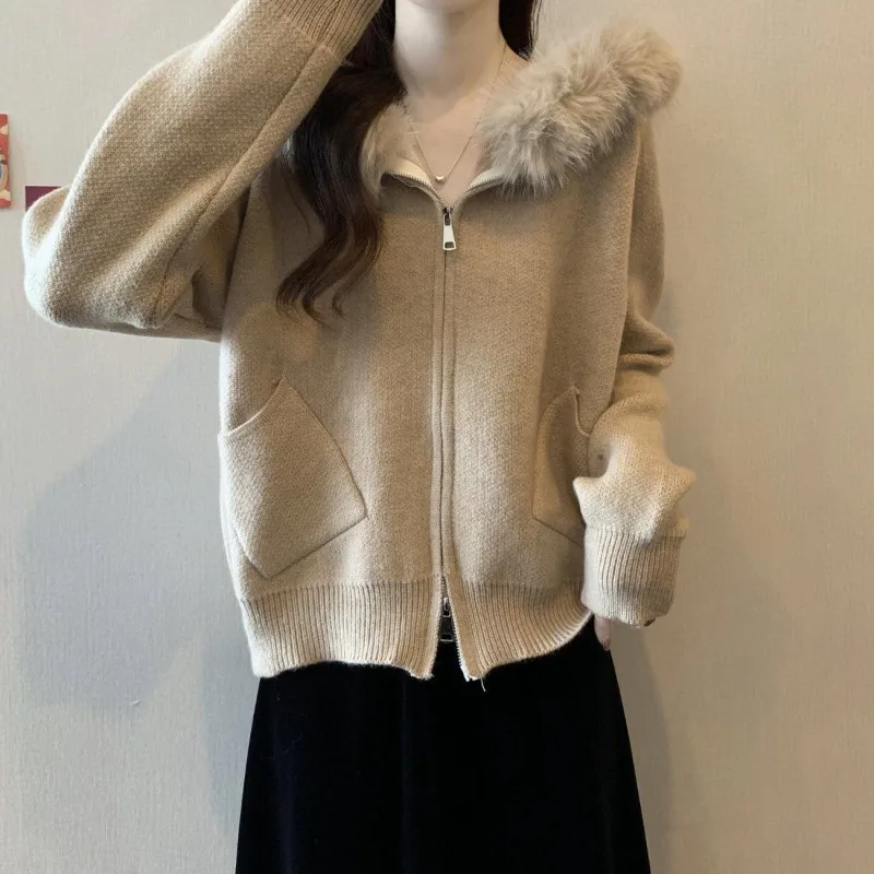 Long fur-trimmed hooded knitted coat Women Autumn and Winter New Collection Lazy Elegance Loose Zip-up sweater Jumper