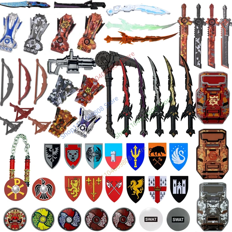MOC Figuren-Zubehör Bausteine Spielcharakter-Accessoires Schwarzer Adler Boxhandschuhe Rüstung Schild Dart Machete Bausteine Spielzeug N22