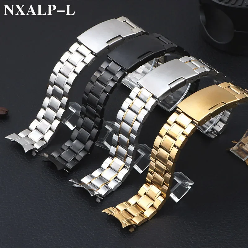 Curved End Watchband Stainless Steel Strap 20mm 22mm Metal Bracelet Folding Buckle Universal Accessories Replacement Watch Band