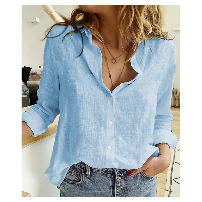 Spring and Autumn Solid Color Casual Loose Long Sleeve Linen Shirt, Flip Collar Cardigan, Single breasted Women's Loose Top 2024