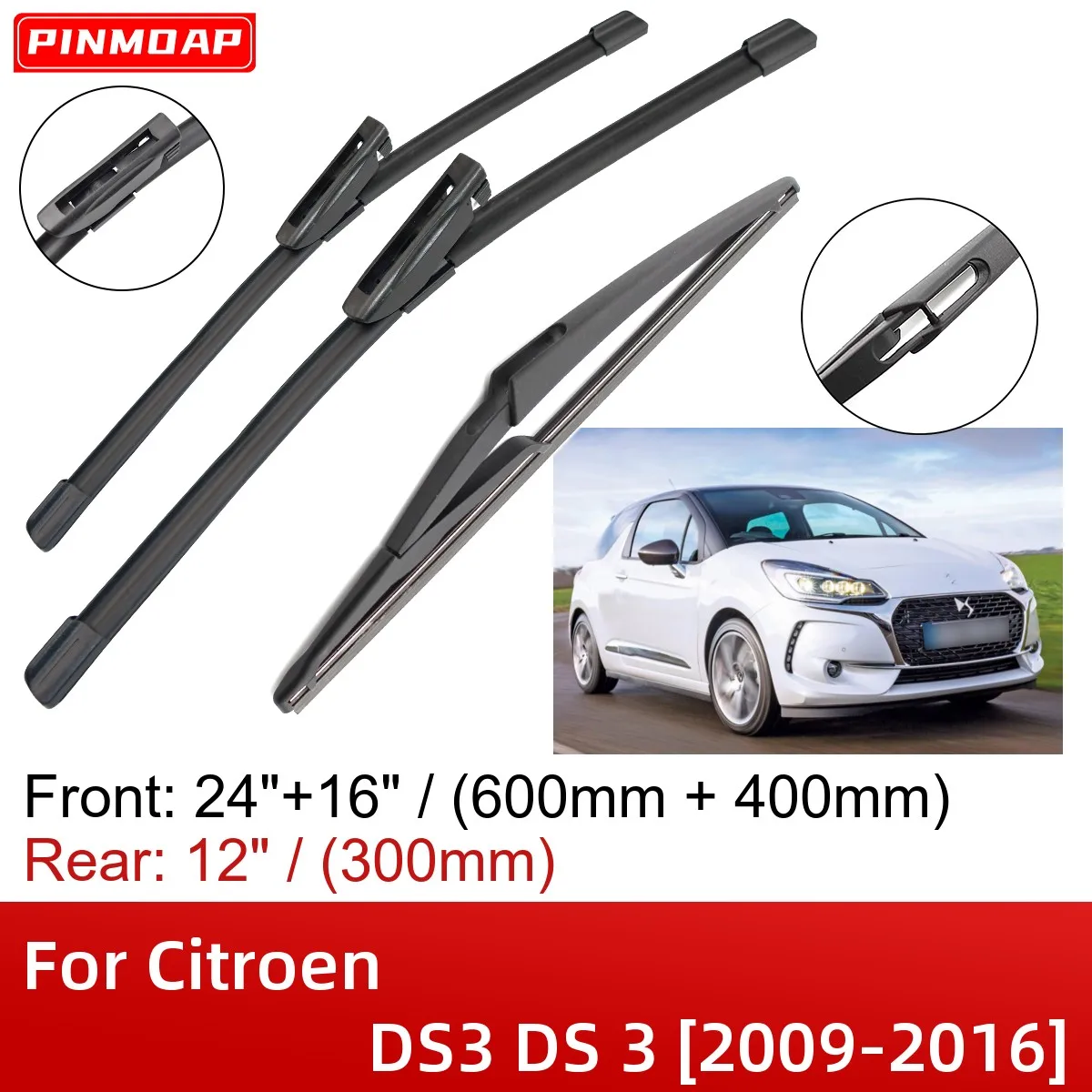 

For Citroen DS3 DS 3 2009-2016 24"+16"+12" Front Rear Wiper Blades Brushes Cutter Accessories 2010 2011 2012 2013 2014 2015 2016