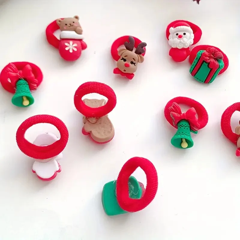 10Pcs Kids Girls Christmas Hair Ties Cute Santa Claus & Reindeer Design Festive Hair Accessories Holiday Parties Decorations image 5