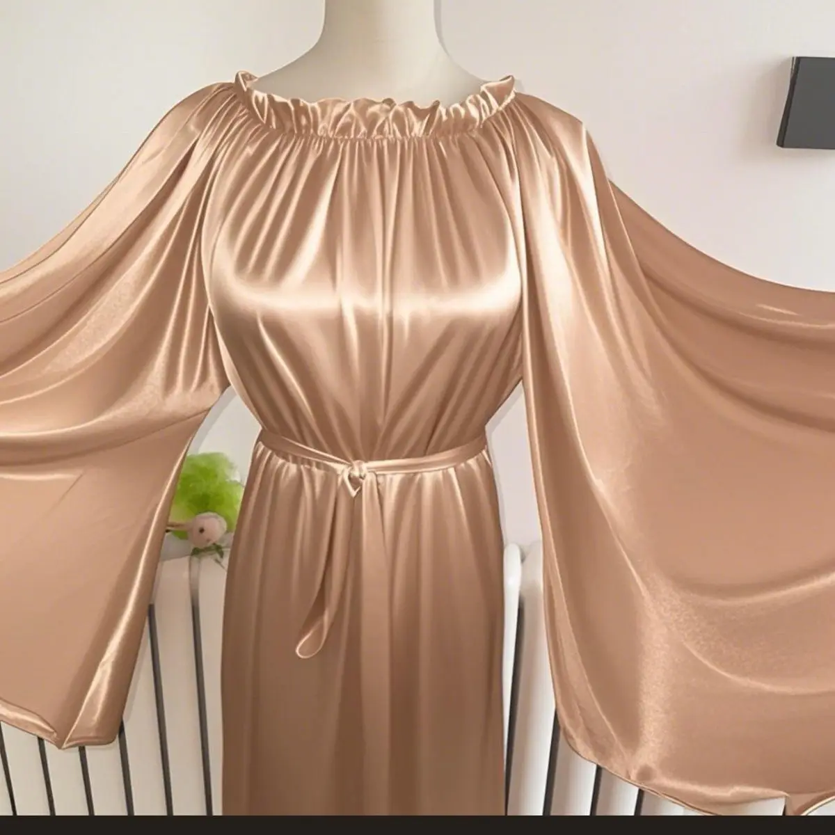 

Glossy Skin Ruffle Women Satin Loose Maxi Dress Long Sleeve Plus Size Sexy Sleeping Robe