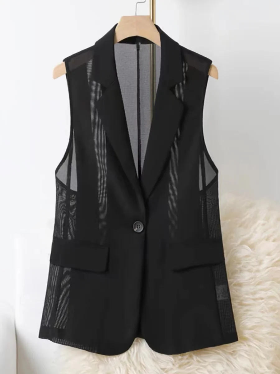 Gilet in rete gilet estivo sottile elegante da donna Slim nero gilet giacca moda spacco risvolto Casual retrò semplice Chic