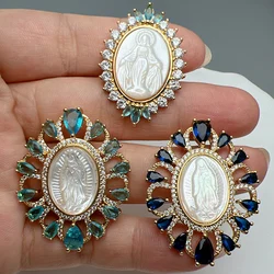 New Mother Pearl Shell Religious Guadalupe Virgin Mary Pendants MOP Zircon Crystal Oval Medal Necklace Charms For Jewelry Making