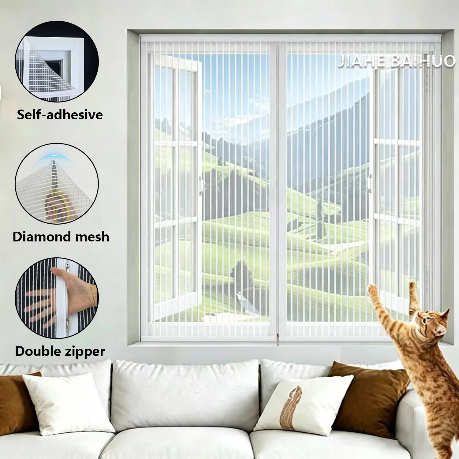 summer household zippered no-drill self-adhesive mosquito nets ,mosquiteras para ventana，curtains and window treatments