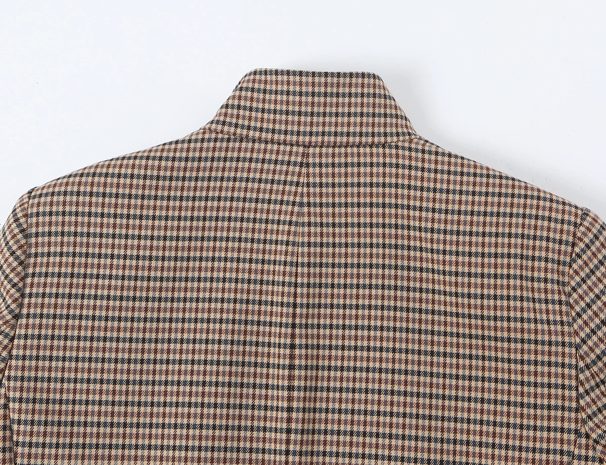 BSAY 2026 Neues Vintage Damen-Karomuster 2-teiliges Outfit mit Stehkragen, doppelreihiger, kurzer Jacke und weitem Hosenbein, lässiger Anzug – Detail 13