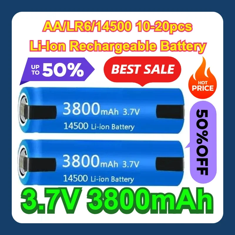 AA/LR6/14500 10-20pcs Li-Ion 3.7V 3800mAh Rechargeable Battery