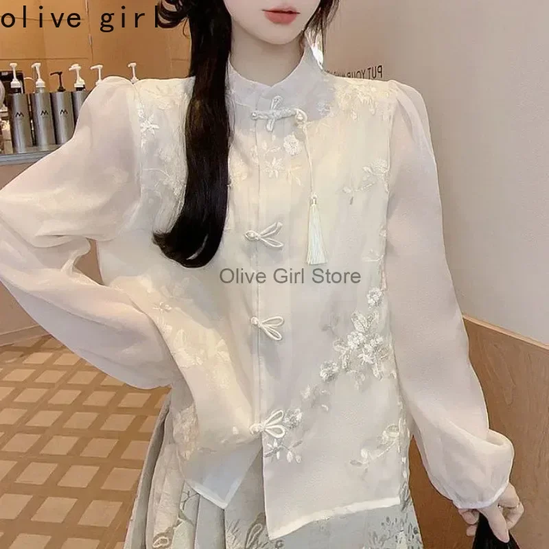 High End Shirt Embroidery Spring Autumn Chiffon Button Up Collar Long Sleeved Top Traditional Chinese Hanfu Top Women\'s Clothing