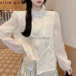 High End Shirt Embroidery Spring Autumn Chiffon Button Up Collar Long Sleeved Top Traditional Chinese Hanfu Top Women's Clothing