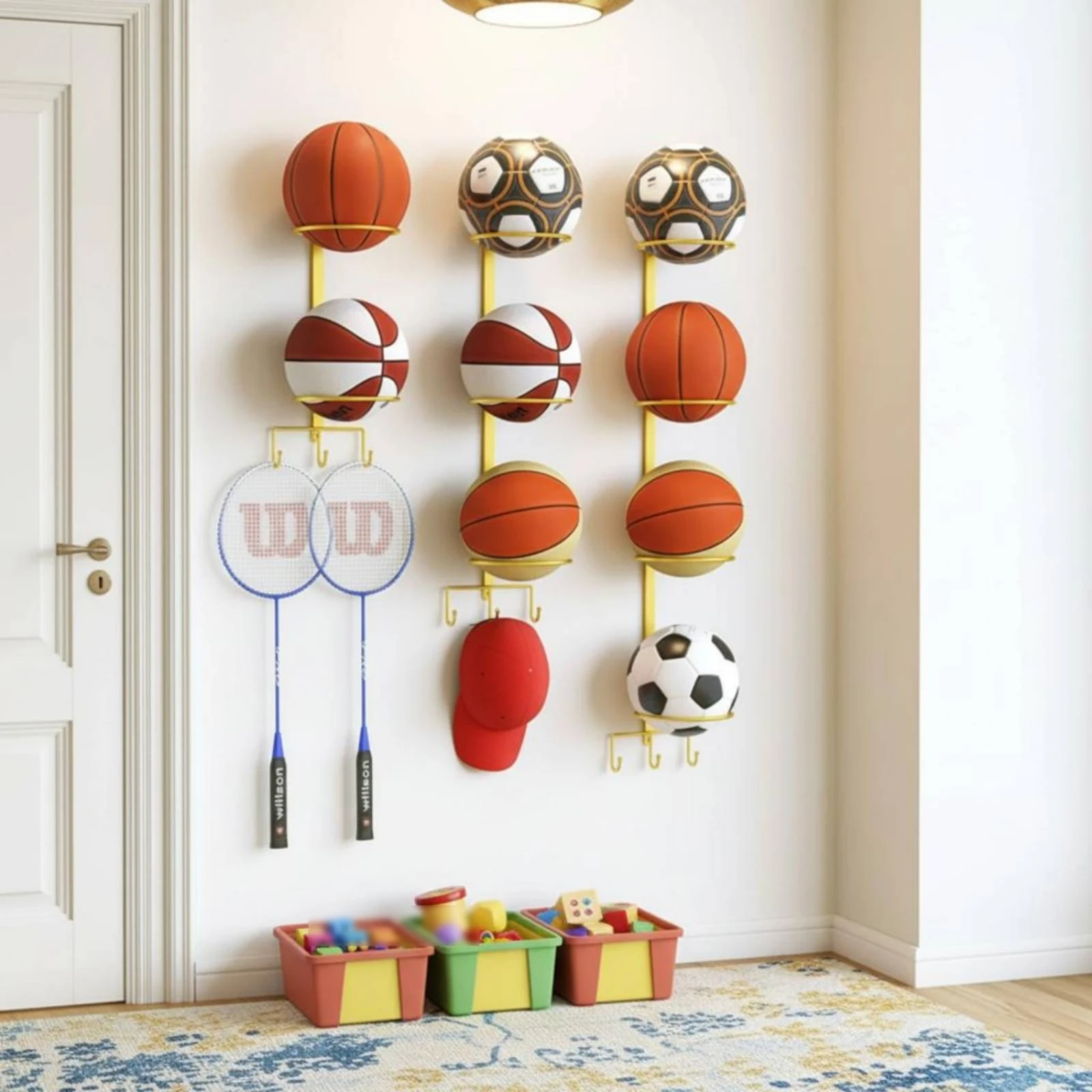 No-Drill Ball Holder Easy to Install Indoor Ball Storage Rack Basketball Display Rack Space Saving Multi-Purpose for Children