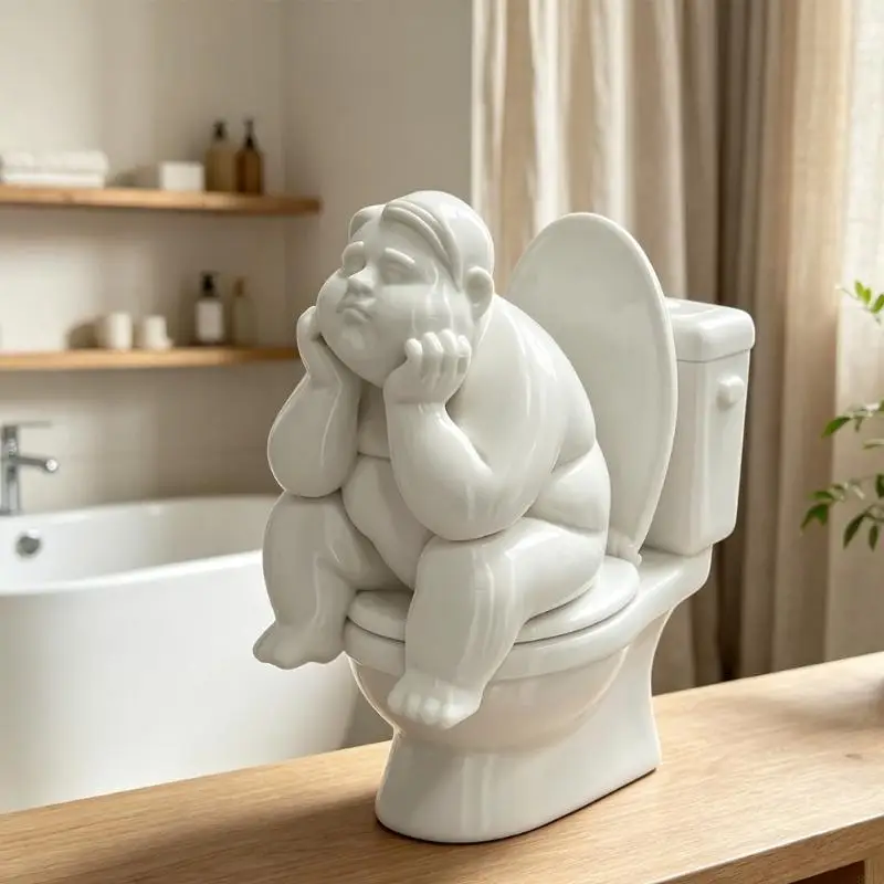 Toilet Figurine, Humorous 3D-Printed Plastic Sculpture with a Chin-in-Hands Pose for Shelf, Desk, Cabinet, and 87HA