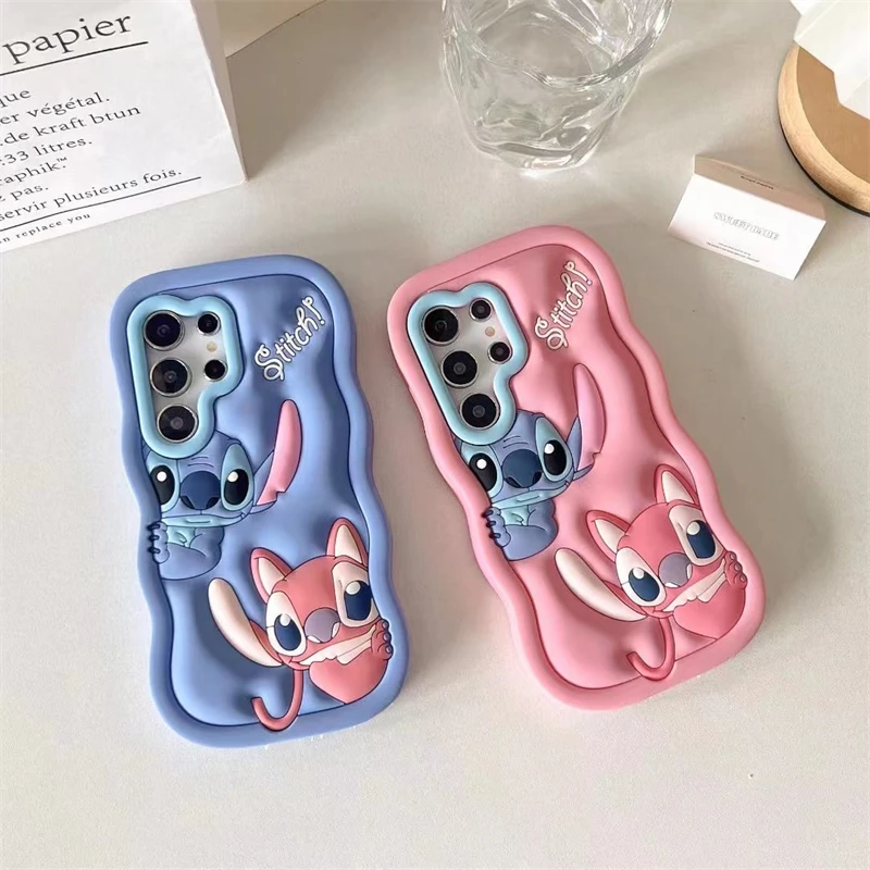 For Samsung Galaxy S24 S23 Ultra S22 Plus S21 S20 FE So Cute Stitch Wave Side Phone Case Luxury 3D Cartoon Soft Silicone Cover