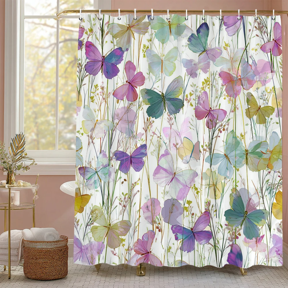 

Красочные занавески для душа с бабочками для ванной комнаты, цветочные романтические растения и цветы, декоративные занавески для душа с крючками