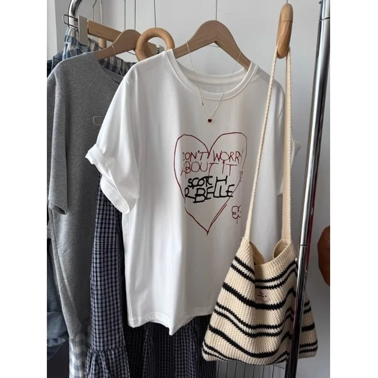 

Элегантная женская свободная футболка с принтом и коротким рукавом, базовая модель в художественном стиле для повседневной носки, комфортная посадка, летняя новинка