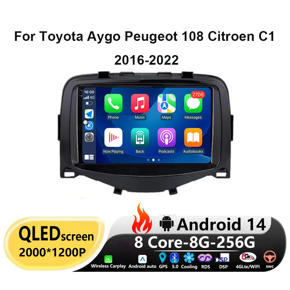 

For Toyota Aygo Peugeot 108 Citroen C1 2016-2022 Android 14 Car Radio Multimedia Video Player Navigation Auto Carplay BT NO 2din