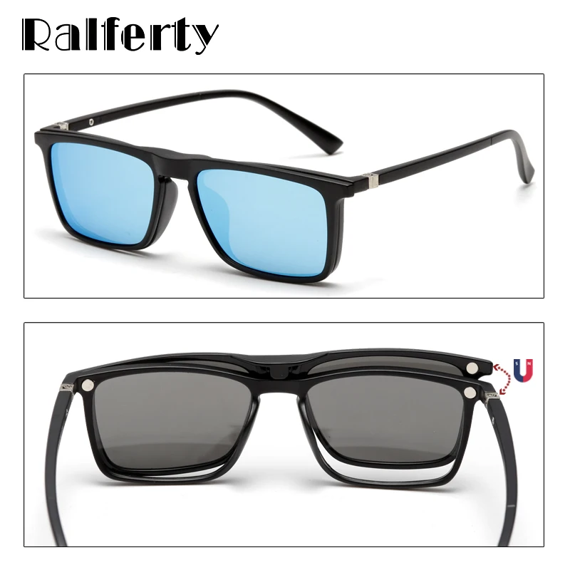 Ralferty 6 In 1 Magnet Sunglasses Men Polarized Clip On Glasses Women Square Prescription Optic Frames 3D Yellow Oculos A2249