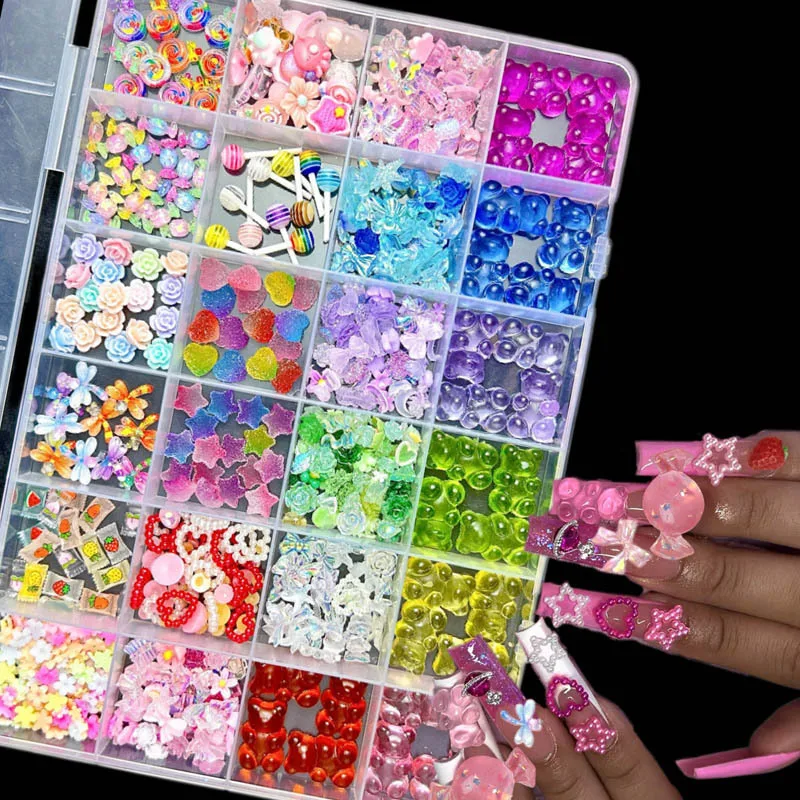 1Box Random Mixed Colorful Gummie Bear Heart Nail Art Decoration Multiple Styles Bow Candy Nail Charms Accessories DIY Manicure